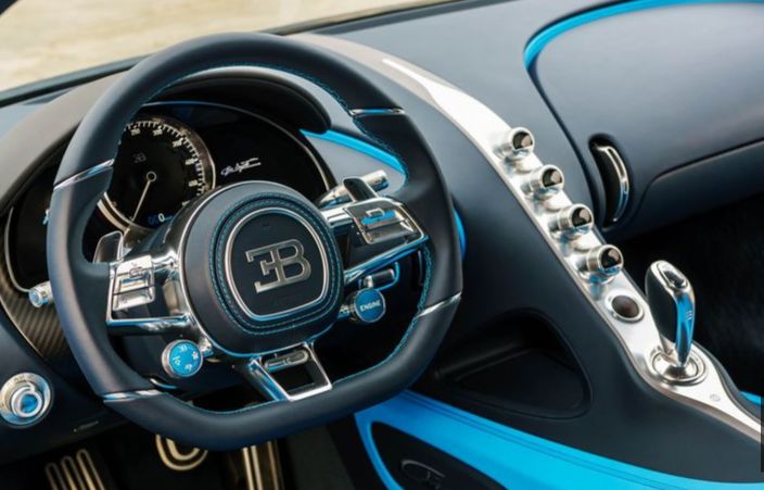 Elegant sharply driver angled Steering of Bugatti Chiron 2019